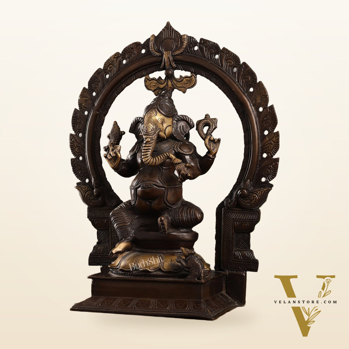 18-Inch Brass Ganapati Idol with Antique Brown Finish and Frame