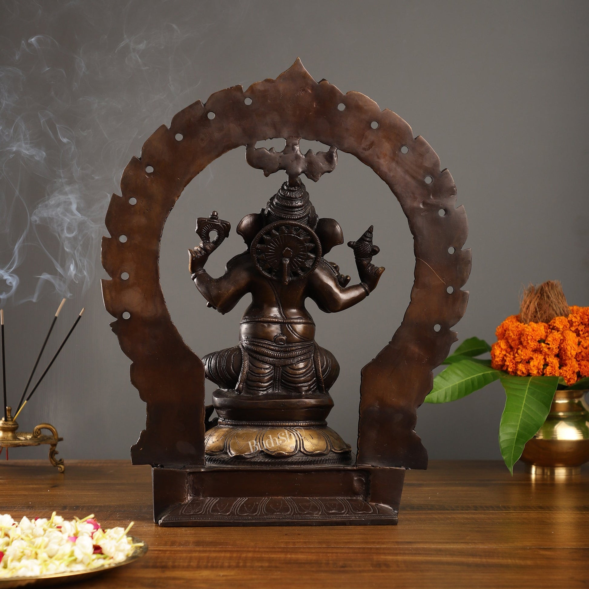 18-Inch Brass Ganapati Idol with Antique Brown Finish and Frame