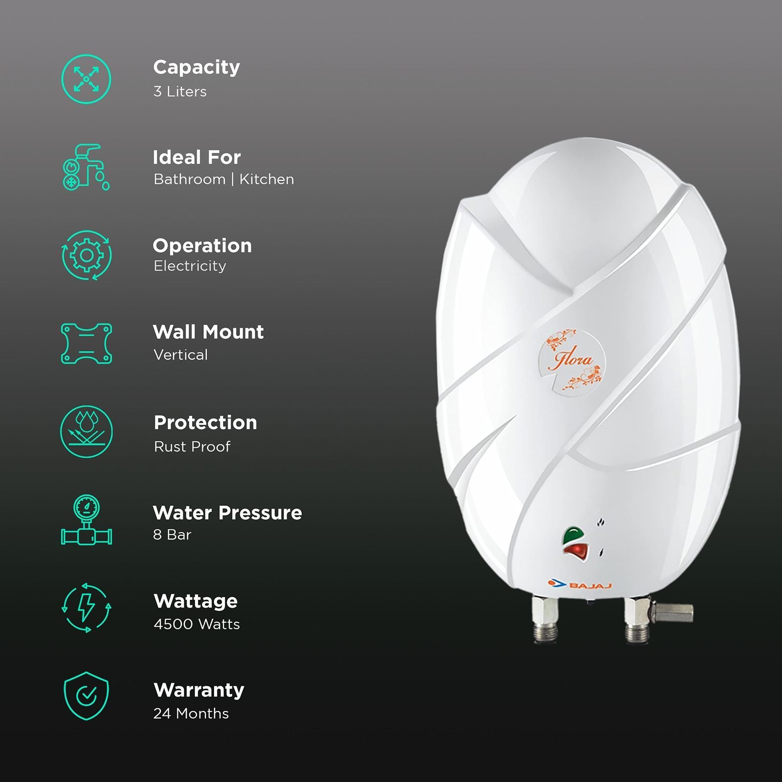 BAJAJ Flora 3 Litres Instant Water Geyser (4500 Watts, White)