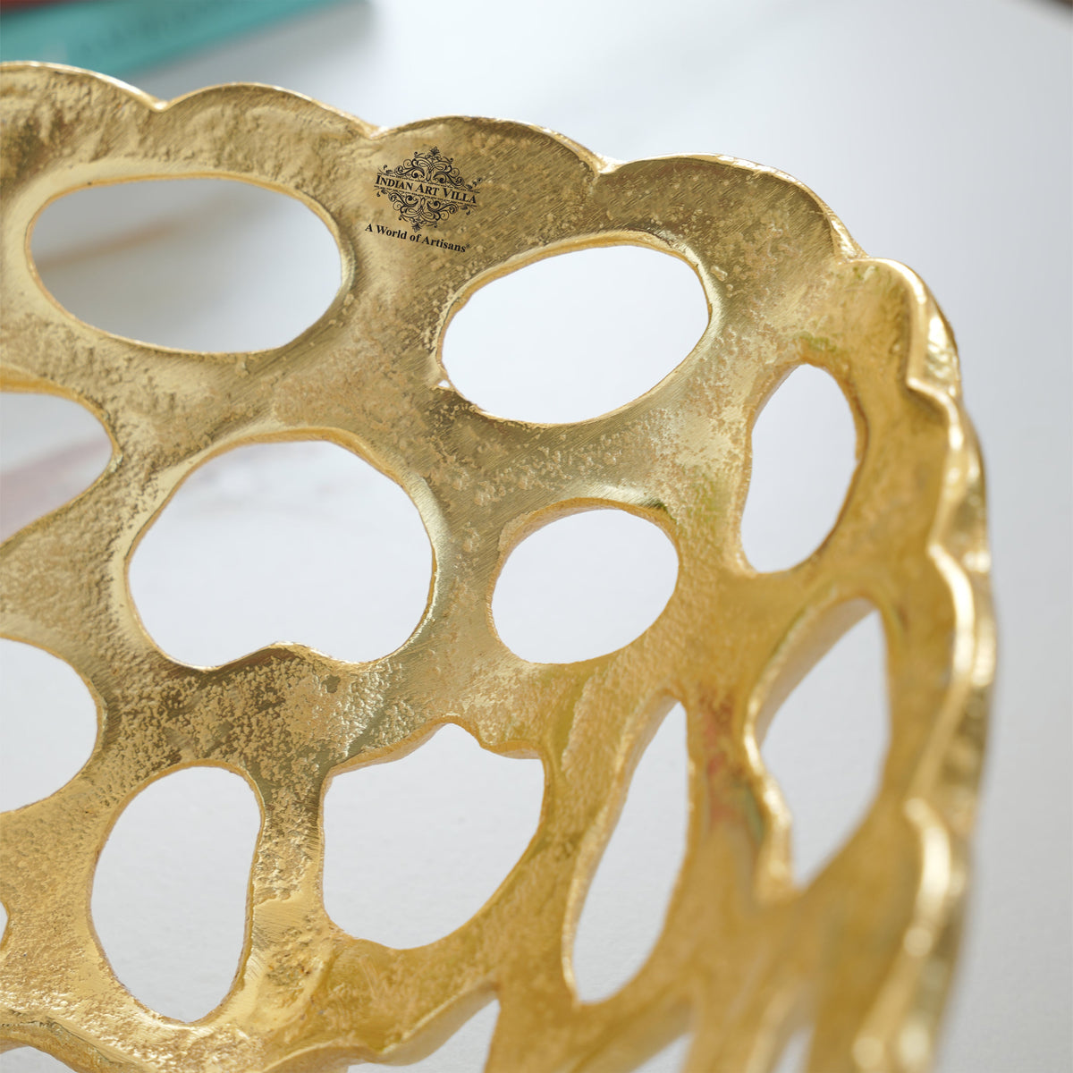 Brass Finish Hollow Design Fruit Basket,12 Inches Length