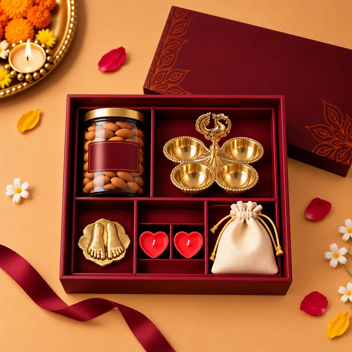 Brass Luxury Gift Hamper with Peacock Chopra & Charan Paduka
