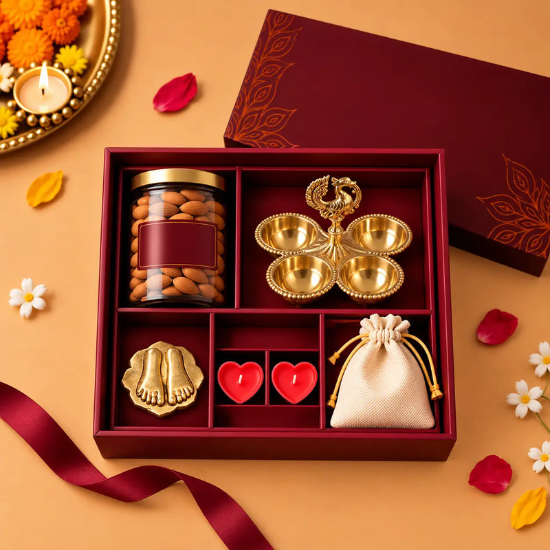 Brass Luxury Gift Hamper with Peacock Chopra & Charan Paduka