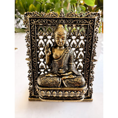 Pure Brass Miniature Buddha Statue with Ornate Decorative Border - 7.29 cm