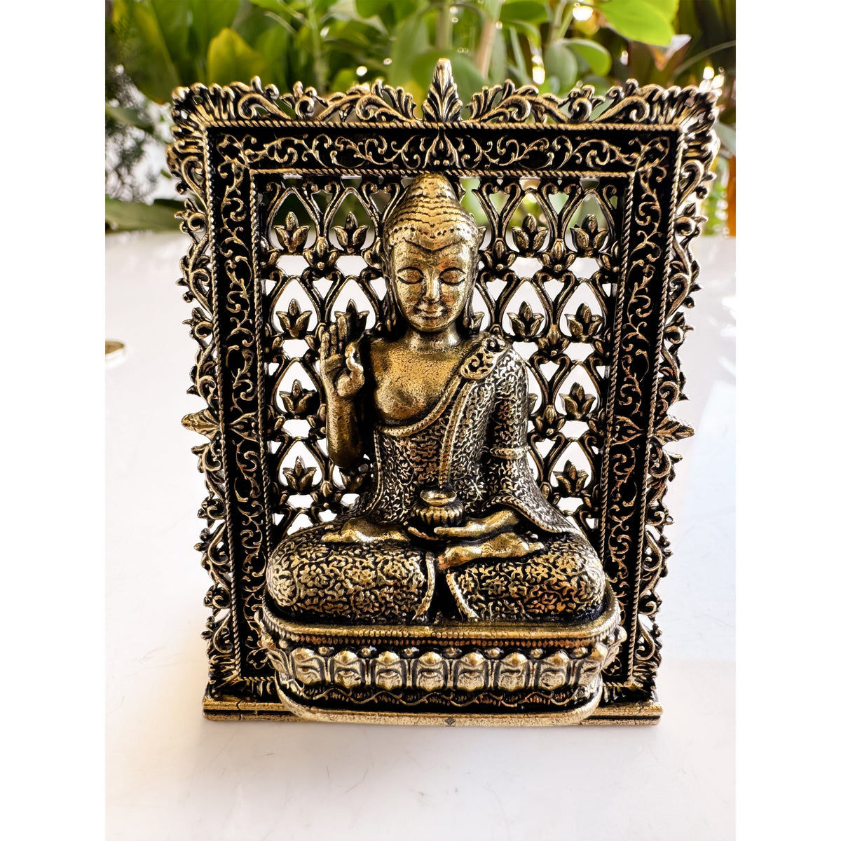 Pure Brass Miniature Buddha Statue with Ornate Decorative Border - 7.29 cm