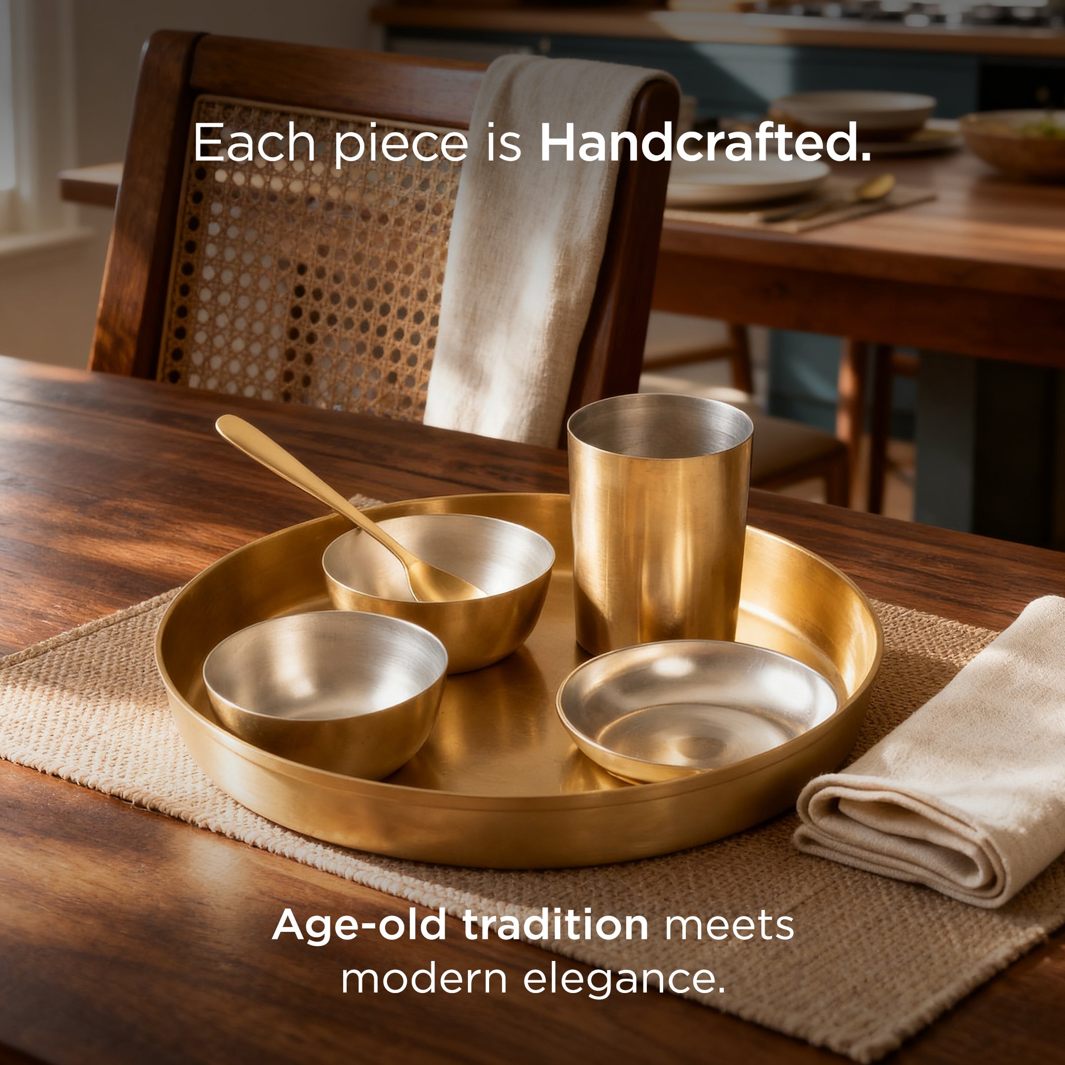 36-Piece Brass Solid Dinner Set • Matte Finish • Serves 6 (पीतल का डिनर सेट)