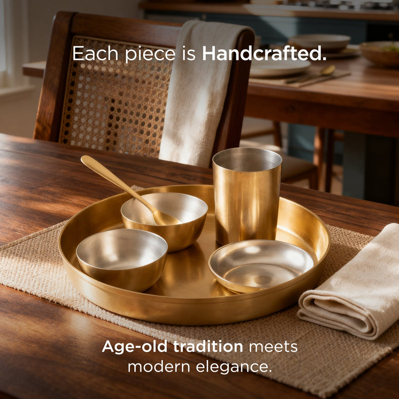 36-Piece Brass Solid Dinner Set • Matte Finish • Serves 6 (पीतल का डिनर सेट)