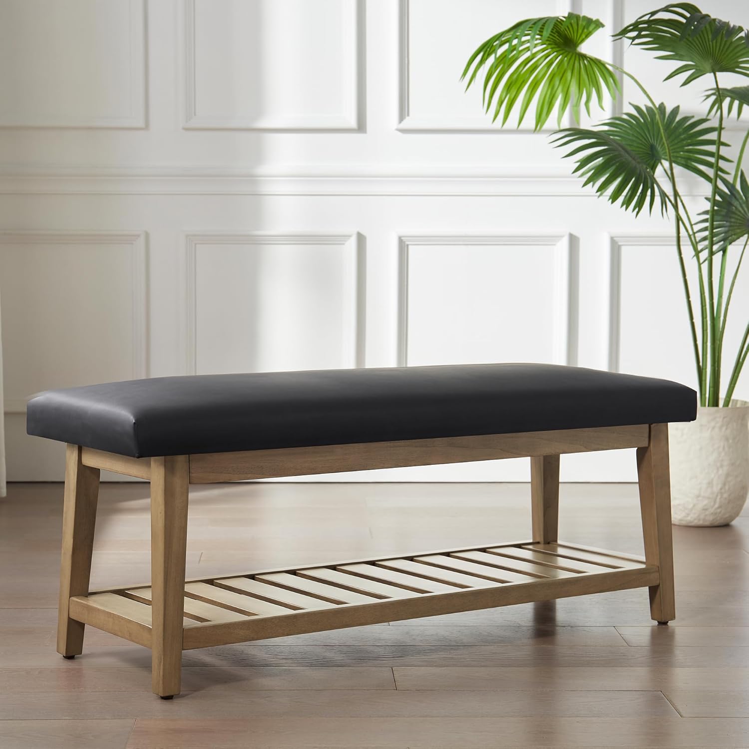 Ottoman Benches with Solid Wood Shelf, Storage Bench for Hallway, Living Room