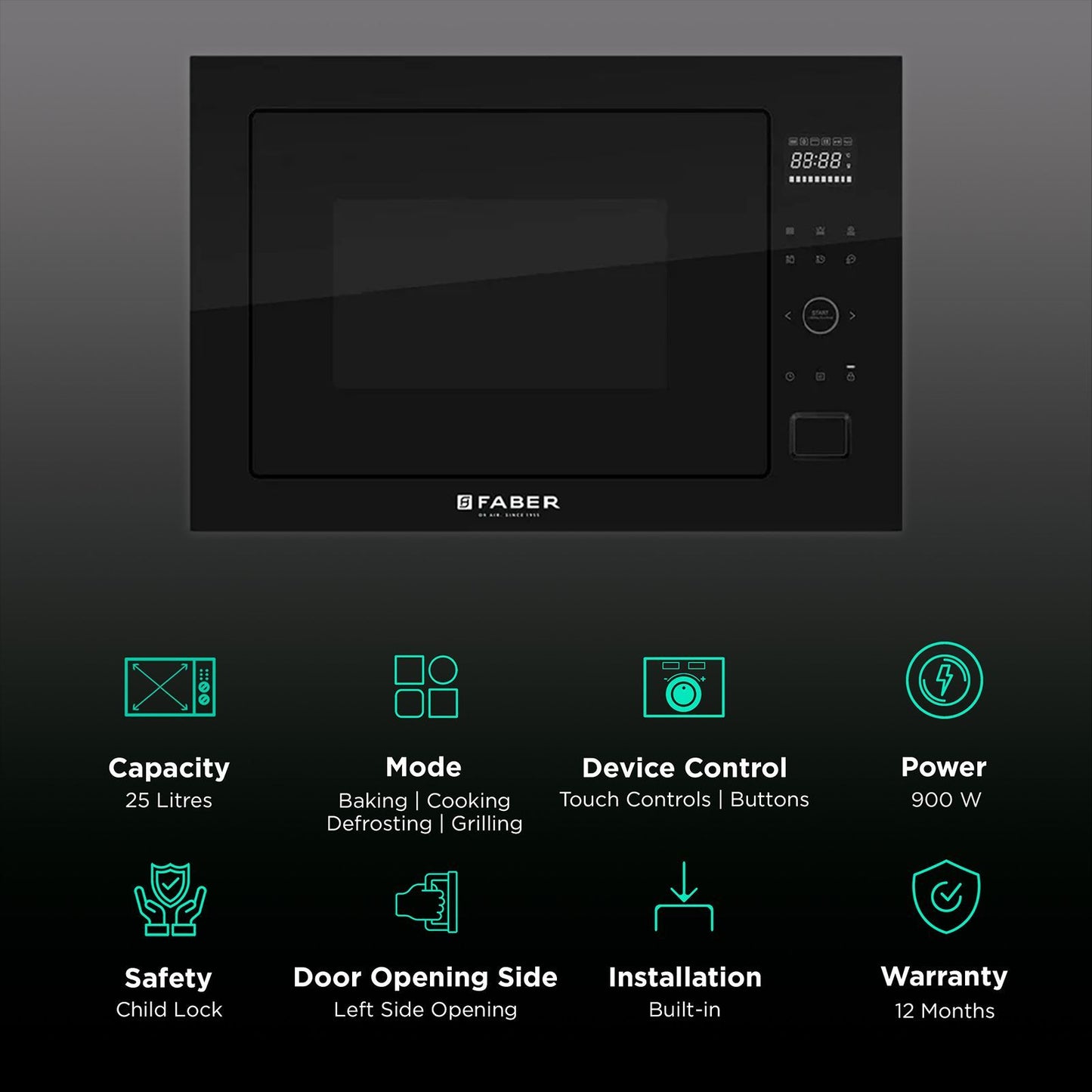 FABER FBIMWO CGS BK 25L 60cm Built-in Microwave with 10 Autocook Menus (FBIMWO 25L CGS BK, Black)