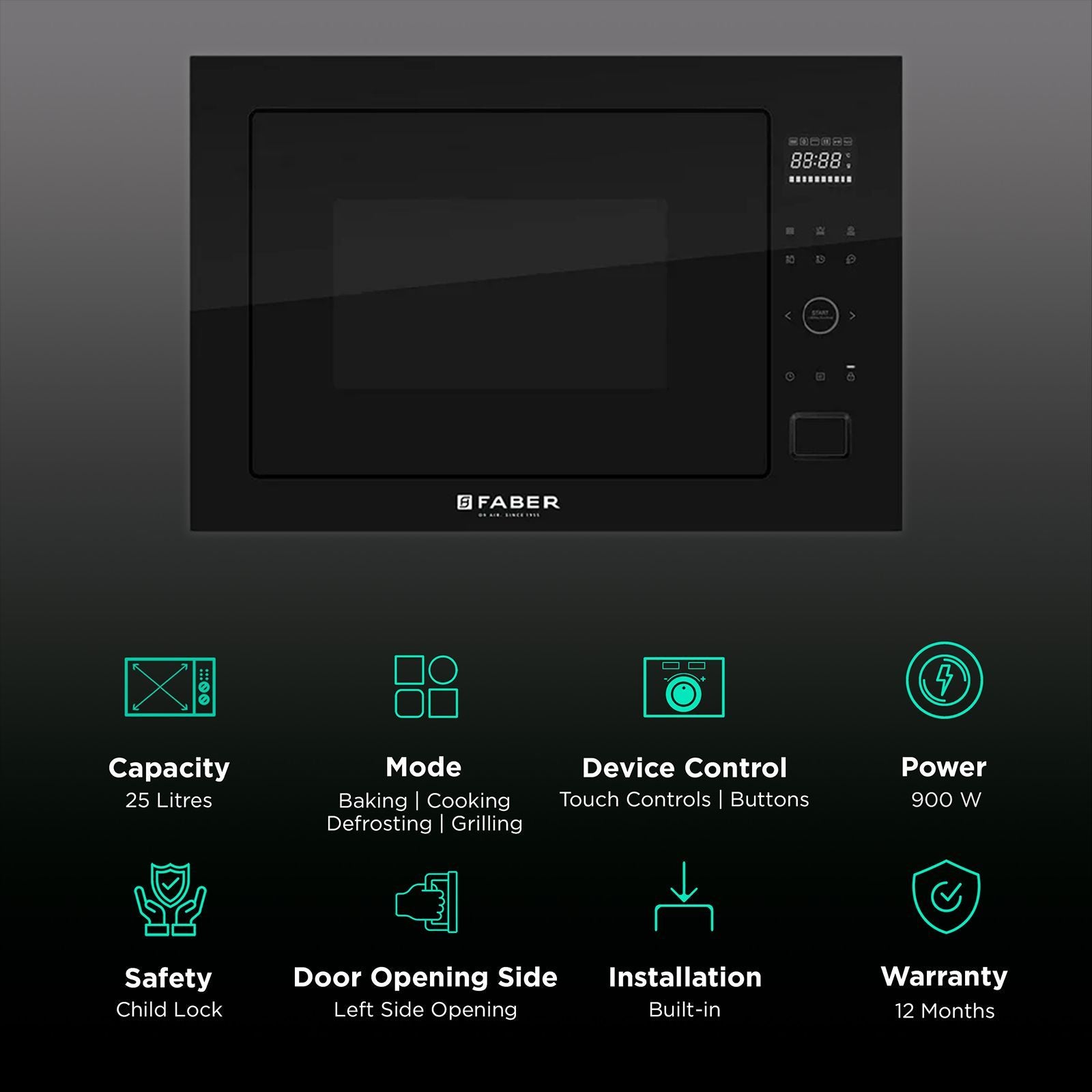 FABER FBIMWO CGS BK 25L 60cm Built-in Microwave with 10 Autocook Menus (FBIMWO 25L CGS BK, Black)