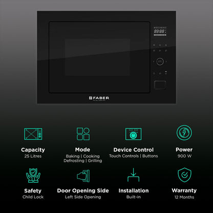 FABER FBIMWO CGS BK 25L 60cm Built-in Microwave with 10 Autocook Menus (FBIMWO 25L CGS BK, Black)