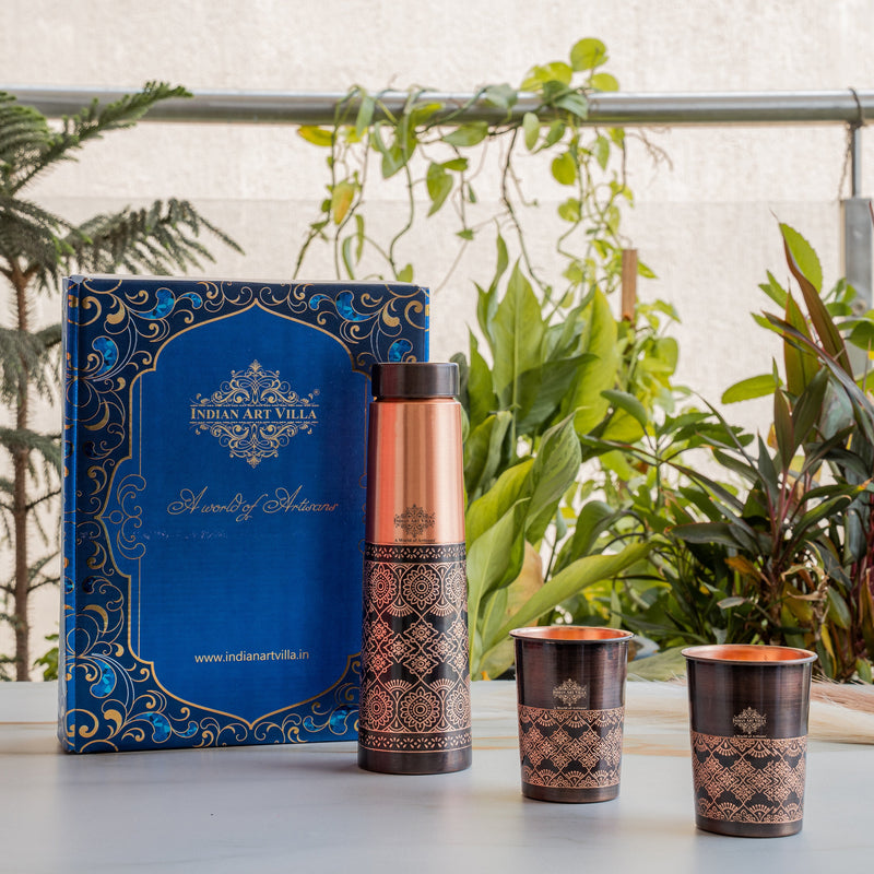 Copper Antique Finish Embossed Deisgn Bottle & 2 Glass Gift set