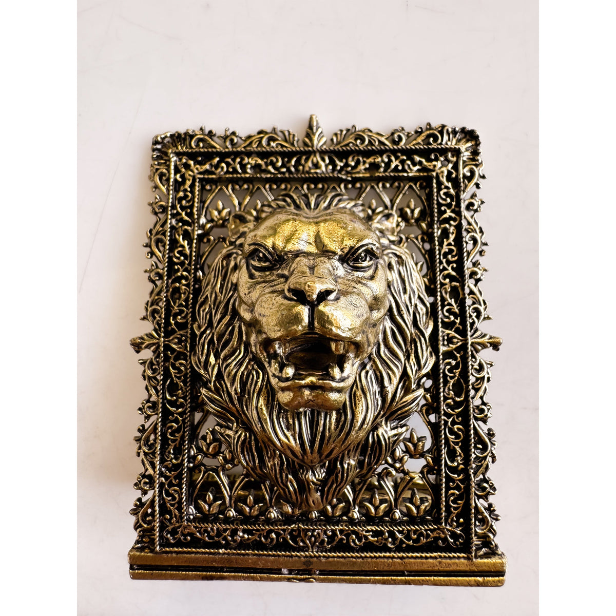 Pure Brass Miniature Lion Statue with Ornate Decorative Border - 7.11 cm