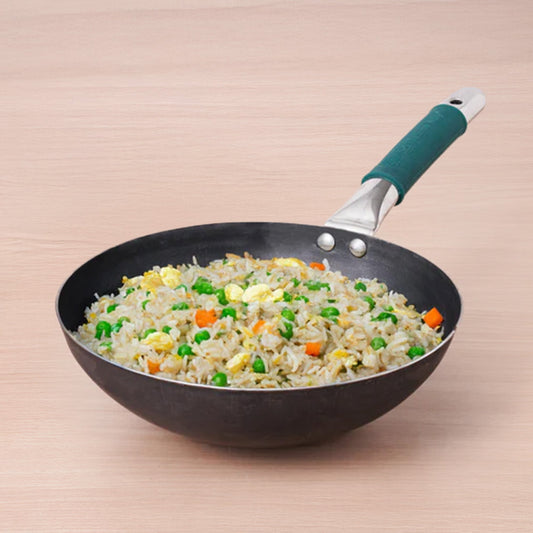 100% Pure Iron Wok with Steel Cool Touch Handle & Silicone Grip, Toxin-free Sheet Iron, Pre-seasoned, 2/3.5 L, 24.6/30.8 Cm, 1/1.4 Kg