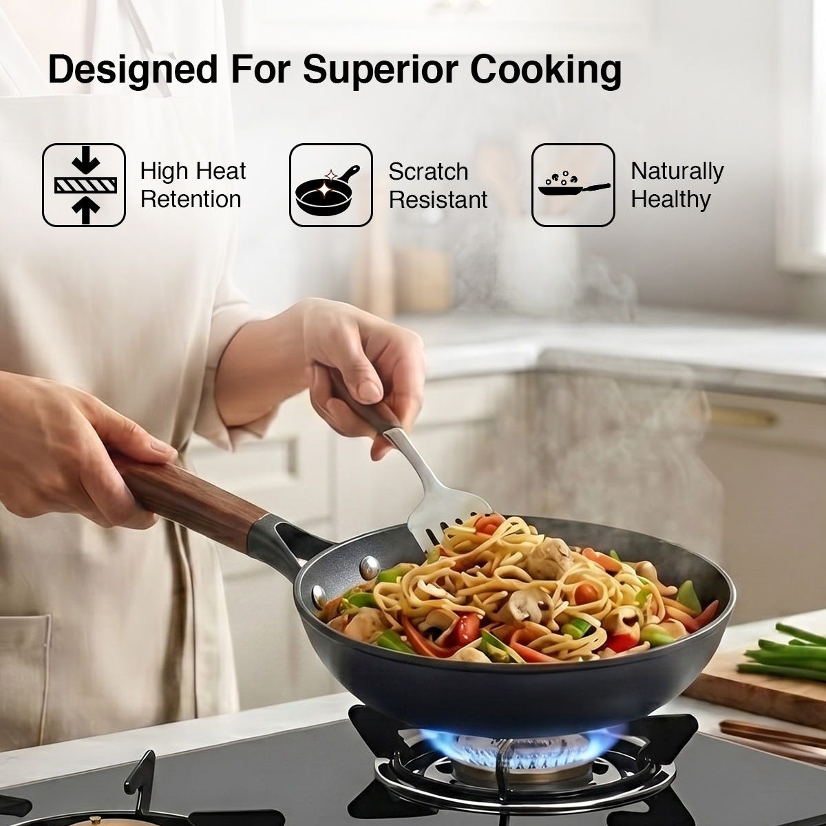 Prestige Castlite Patterned Enamel Coated Cast Iron Fry Pan 20cm/0.9L + Prestige Castlite Patterned Enamel Coated Cast Iron Kadai 24cm/2.4L with Glass Lid, Rust-Proof, Gas & Induction, 15Y Warranty