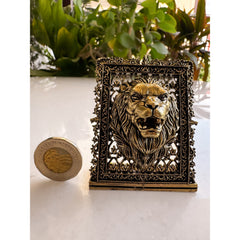 Pure Brass Miniature Lion Statue with Ornate Decorative Border - 7.11 cm