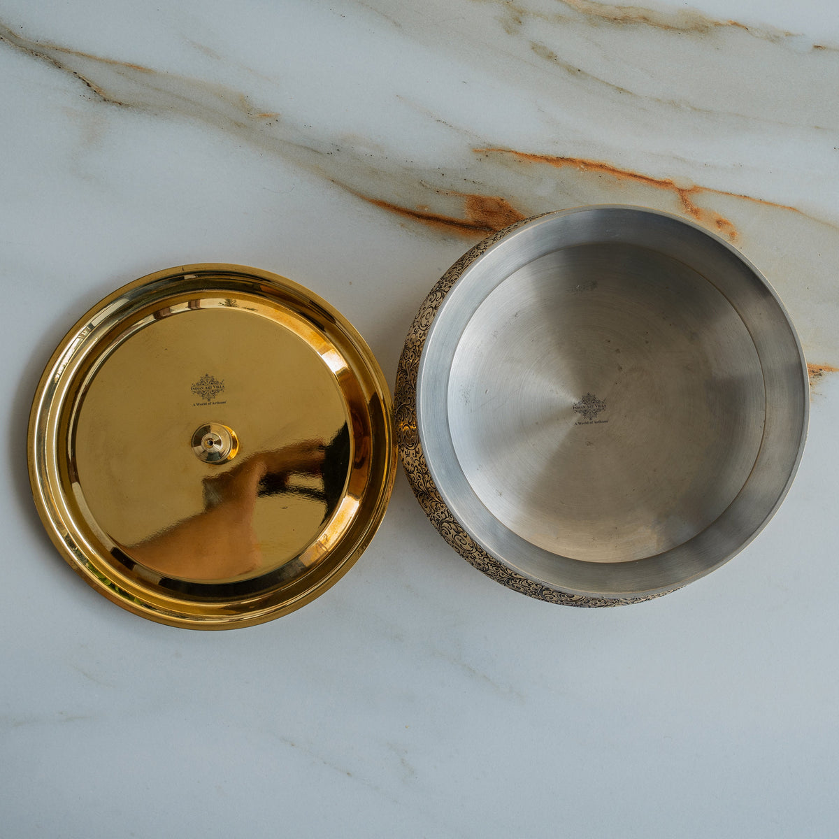 Pure Brass Handi with Lid - Embossed Floral Design Cookware