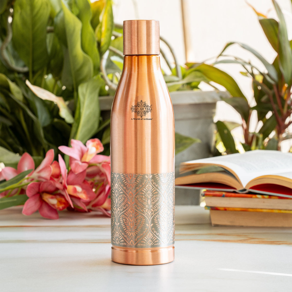 Pure Copper Bottle - Half Embossed Authentic Design