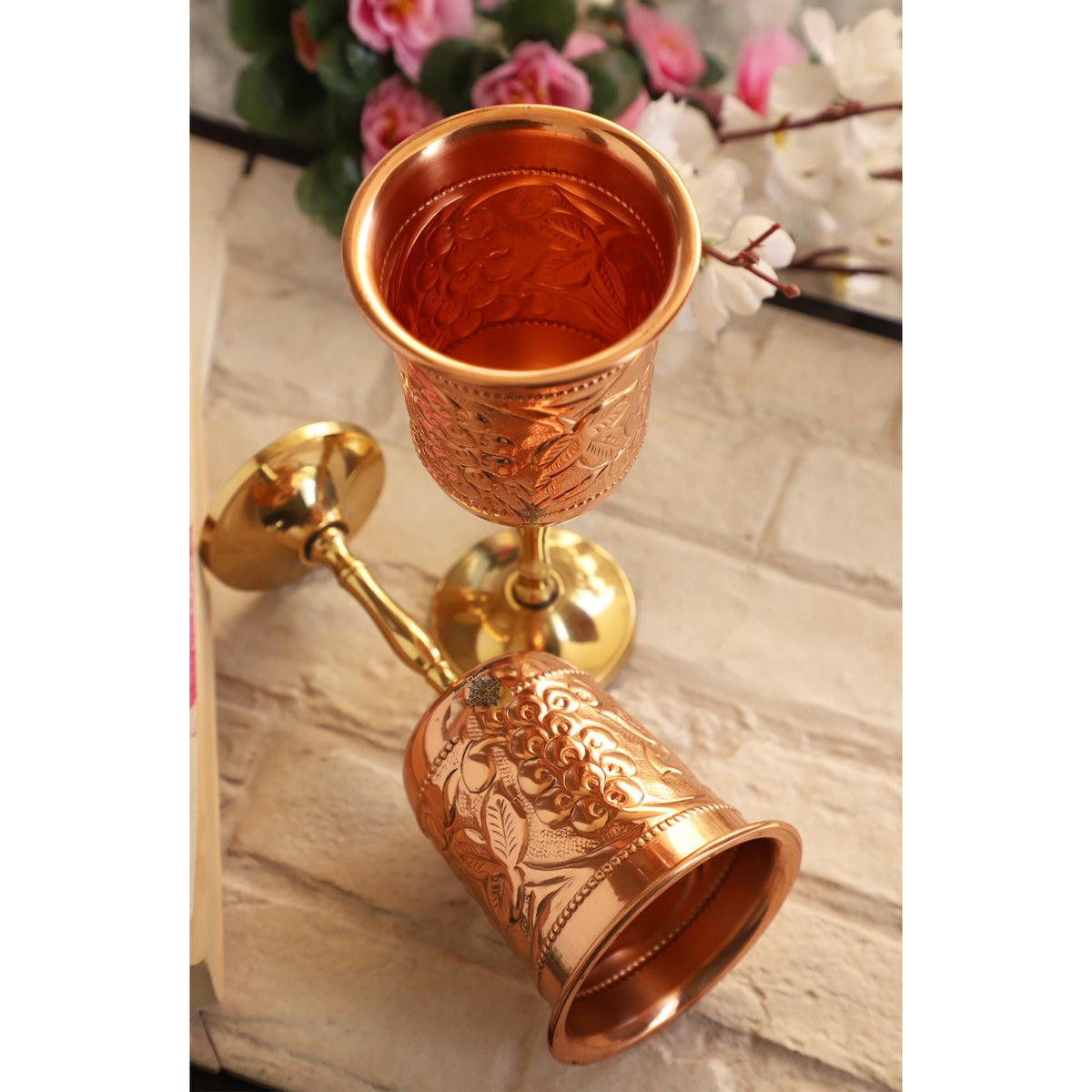 Pure Copper Wine Glass With Grape Vines Embossed Design & Brass Bottom