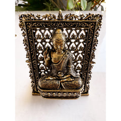 Pure Brass Miniature Buddha Statue with Ornate Decorative Border - 7.29 cm