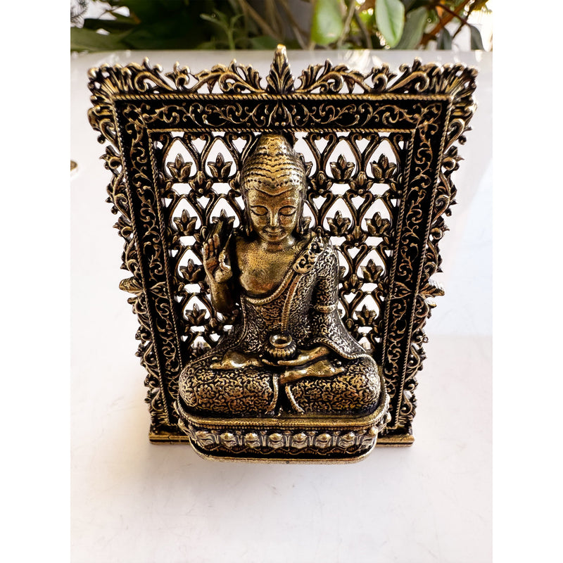 Pure Brass Miniature Buddha Statue with Ornate Decorative Border - 7.29 cm