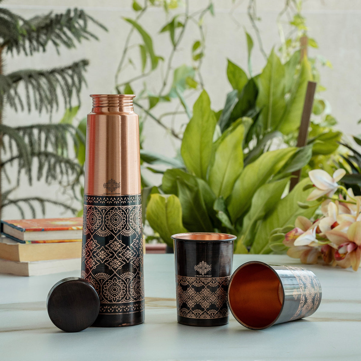 Copper Antique Finish Embossed Deisgn Bottle & 2 Glass Gift set