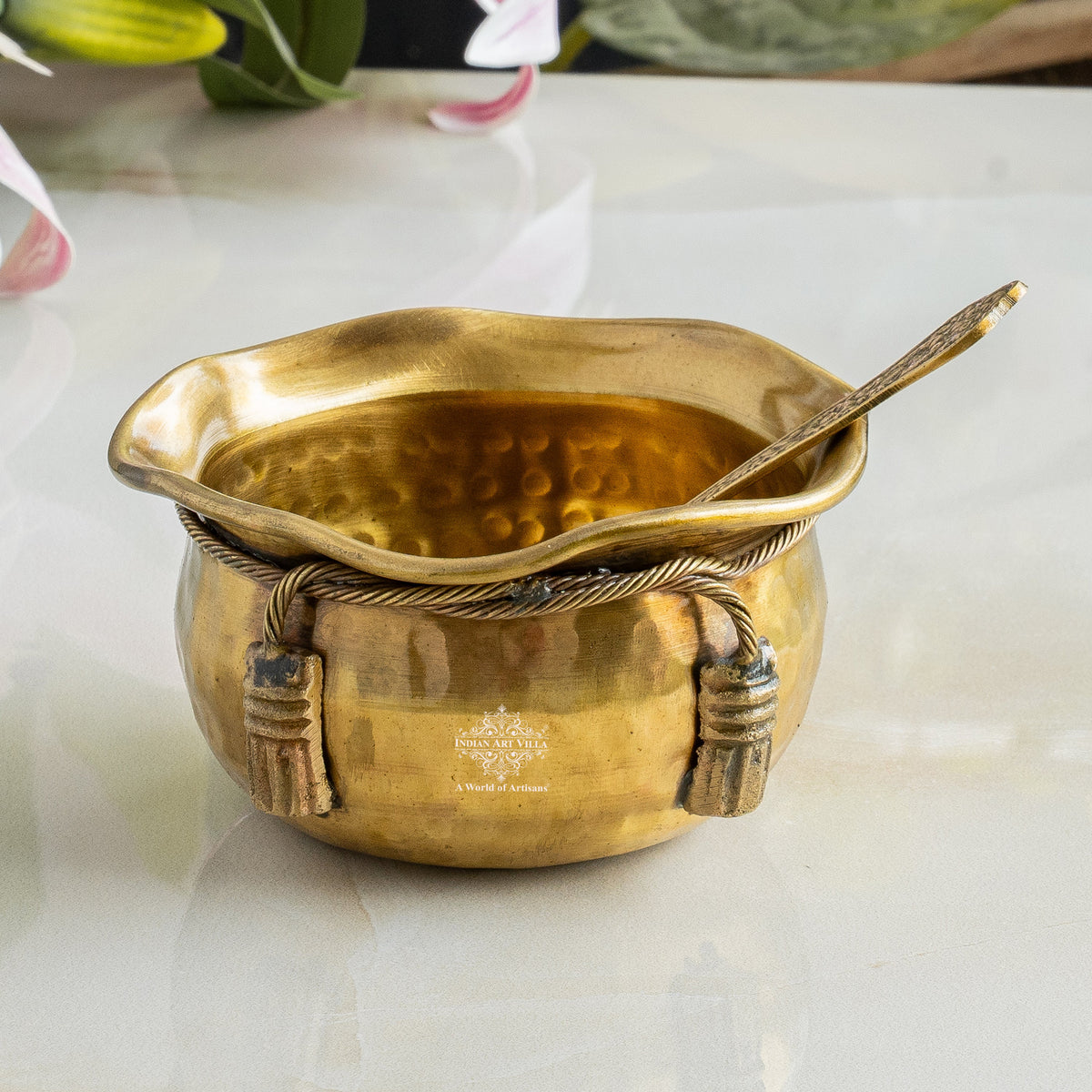 Brass Bowl & Spoon Set With Velvet Box - Hammered Design