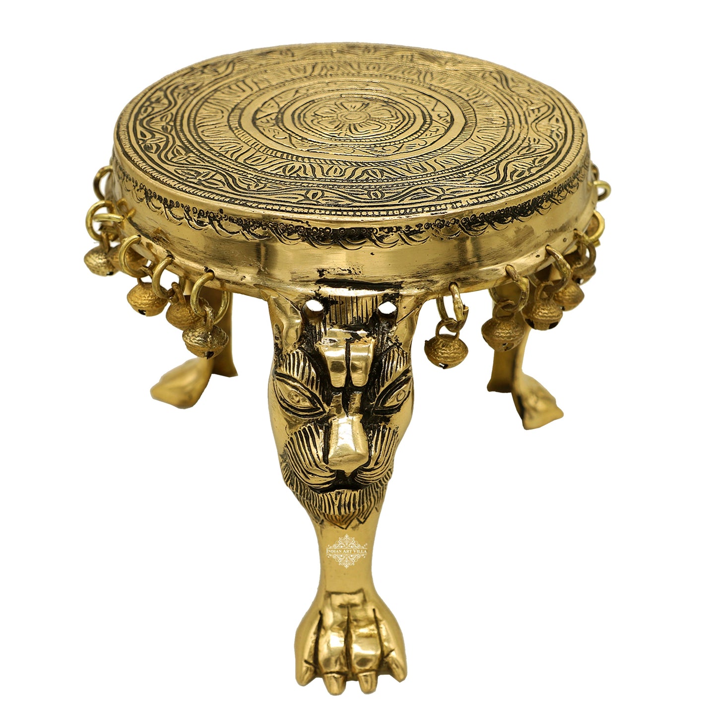 Brass Chowki with Antique Dark Deep Chakra Embossed Design, Decor Item For Home, Hotel & Restaurants, Size- 7.5x19.05 cm