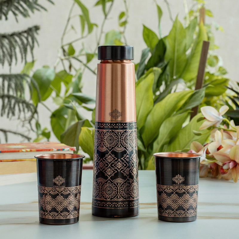Copper Antique Finish Embossed Deisgn Bottle & 2 Glass Gift set