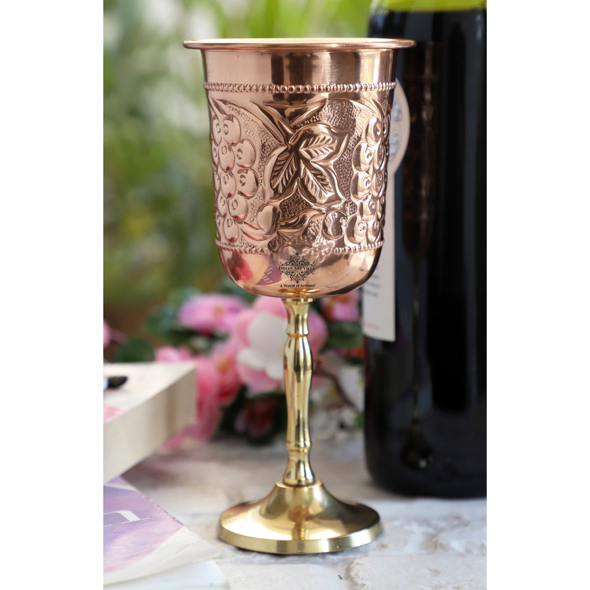 Pure Copper Wine Glass With Grape Vines Embossed Design & Brass Bottom