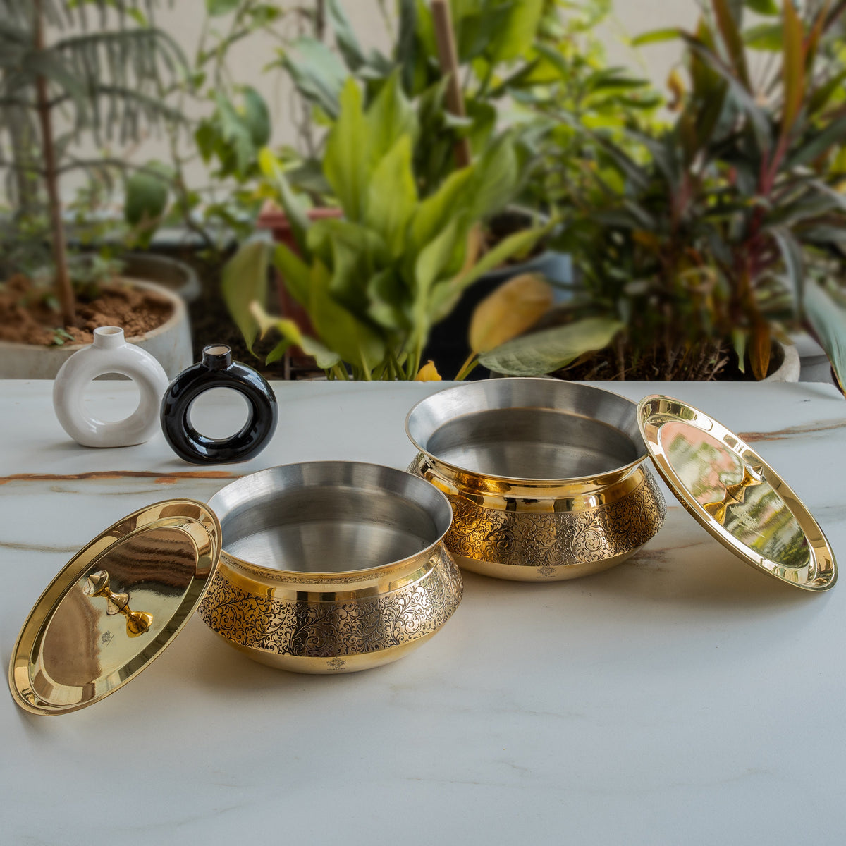 Pure Brass Handi with Lid - Embossed Floral Design Cookware