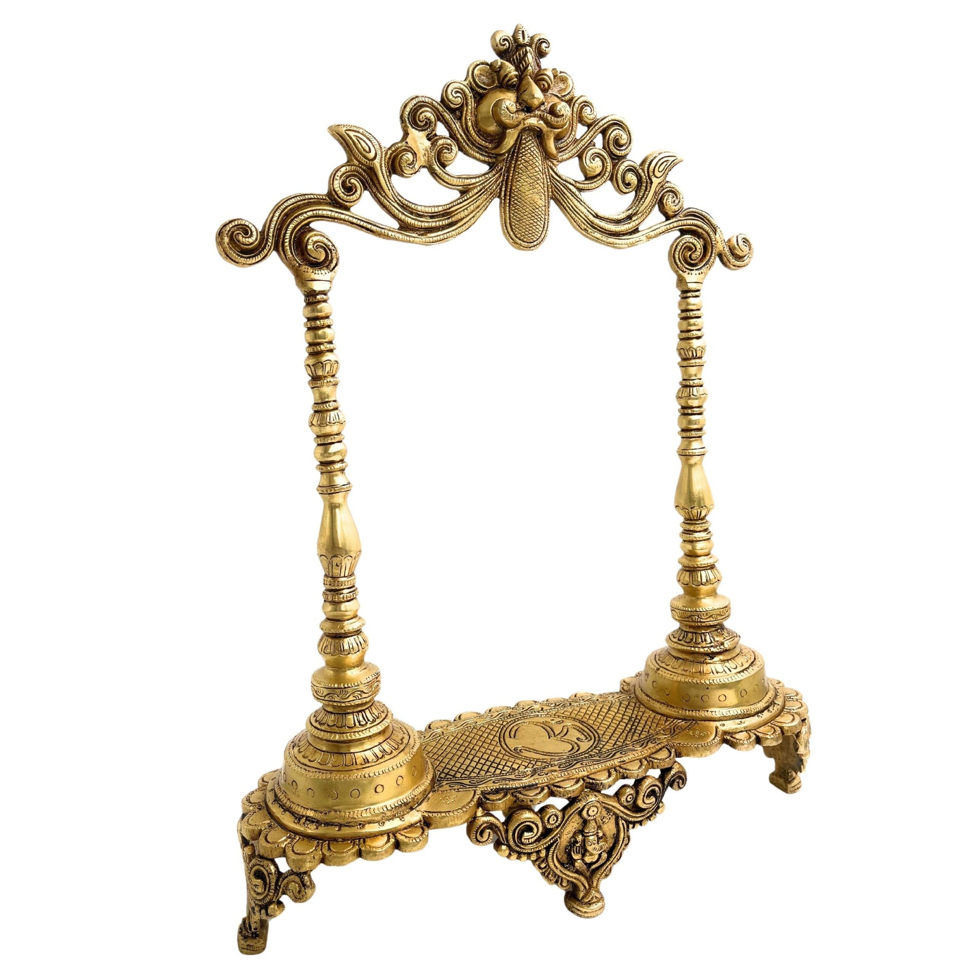 Brass Deity Stand With Prabhavali and Chowki, Temple Singhasan Peetha Bajot For Idols, Handmade Brass God Throne, Gold, 19 Inch, 1 Piece