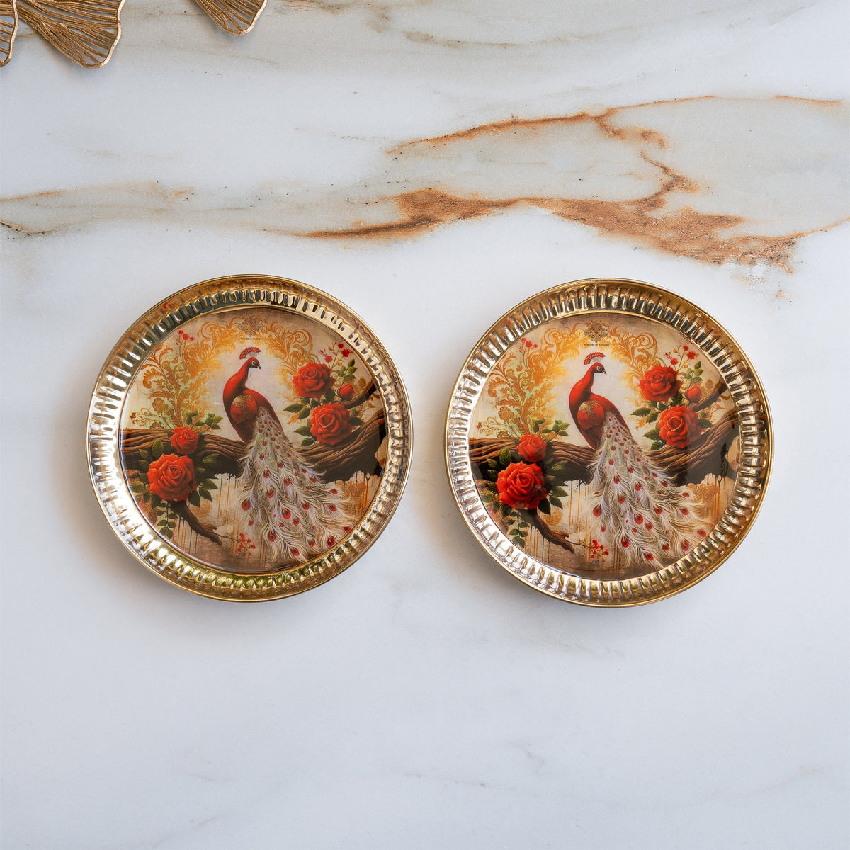 Brass Thali With Pichwai Peacock Print Set Of 2