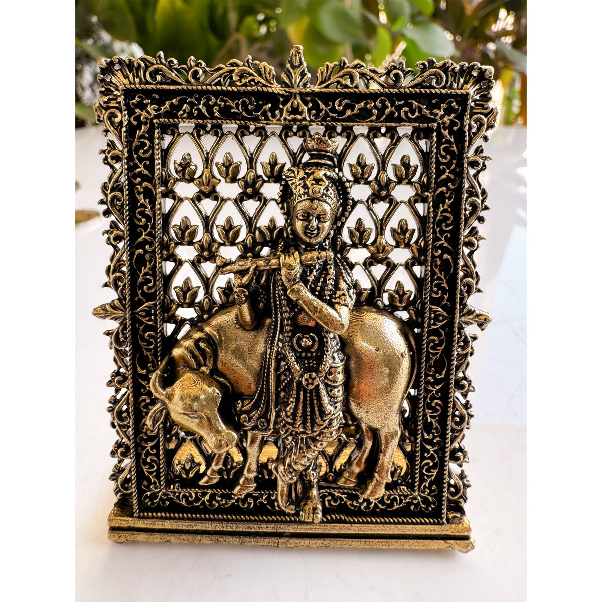 Pure Brass Miniature Krishna Ji Murti with Cow - 7.87 cm