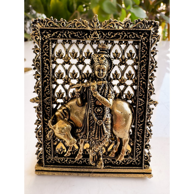 Pure Brass Miniature Krishna Ji Murti with Cow - 7.87 cm