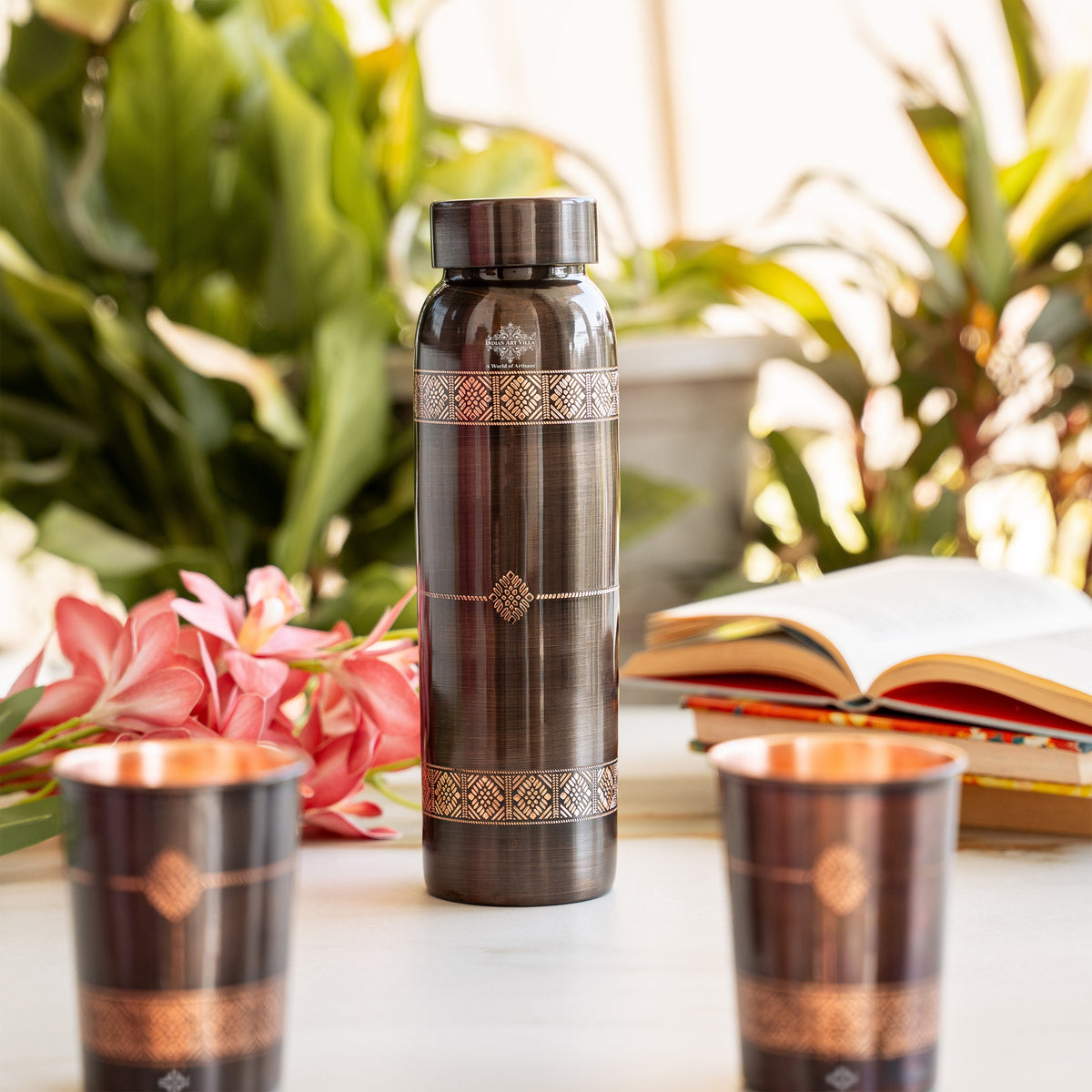 Pure Copper Drinkware Gift Set With Embossed Design