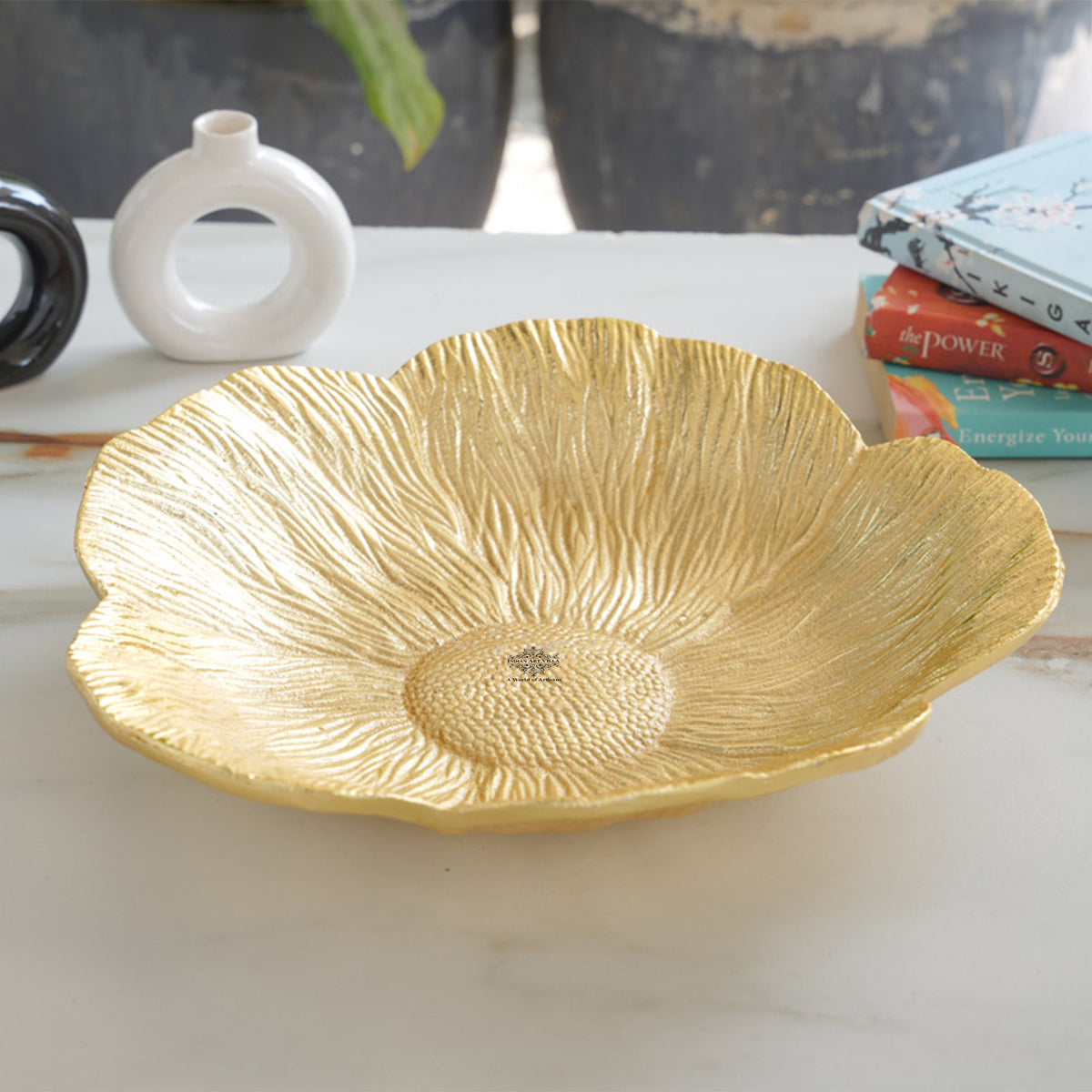 Brass Finish Sunflower Design Tray 13.5 Inches