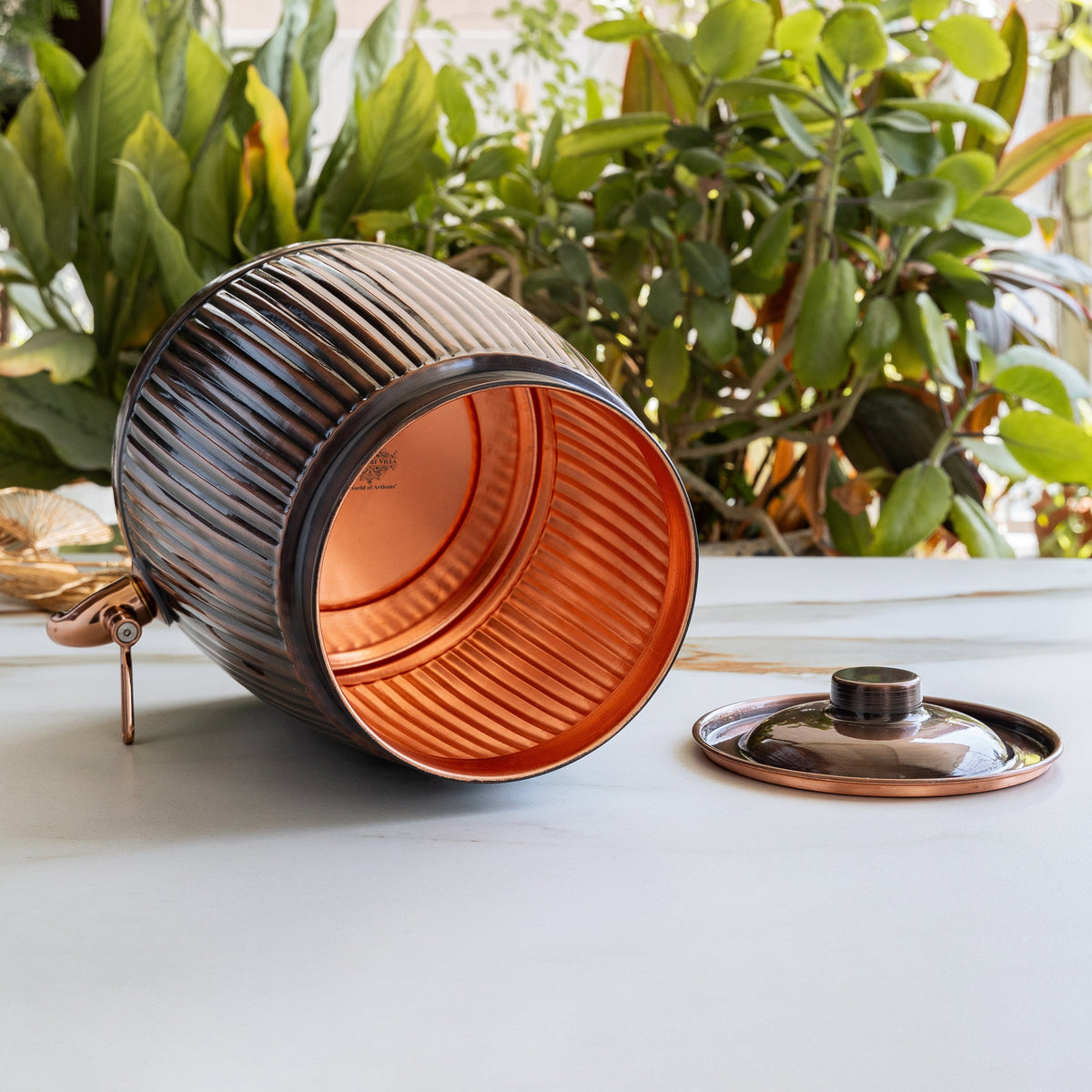 Copper Antique Brass Finish Barrel Design Water Pot 7000 ML with Tap & Lid