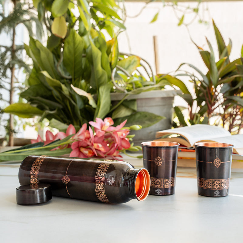 Pure Copper Drinkware Gift Set With Embossed Design