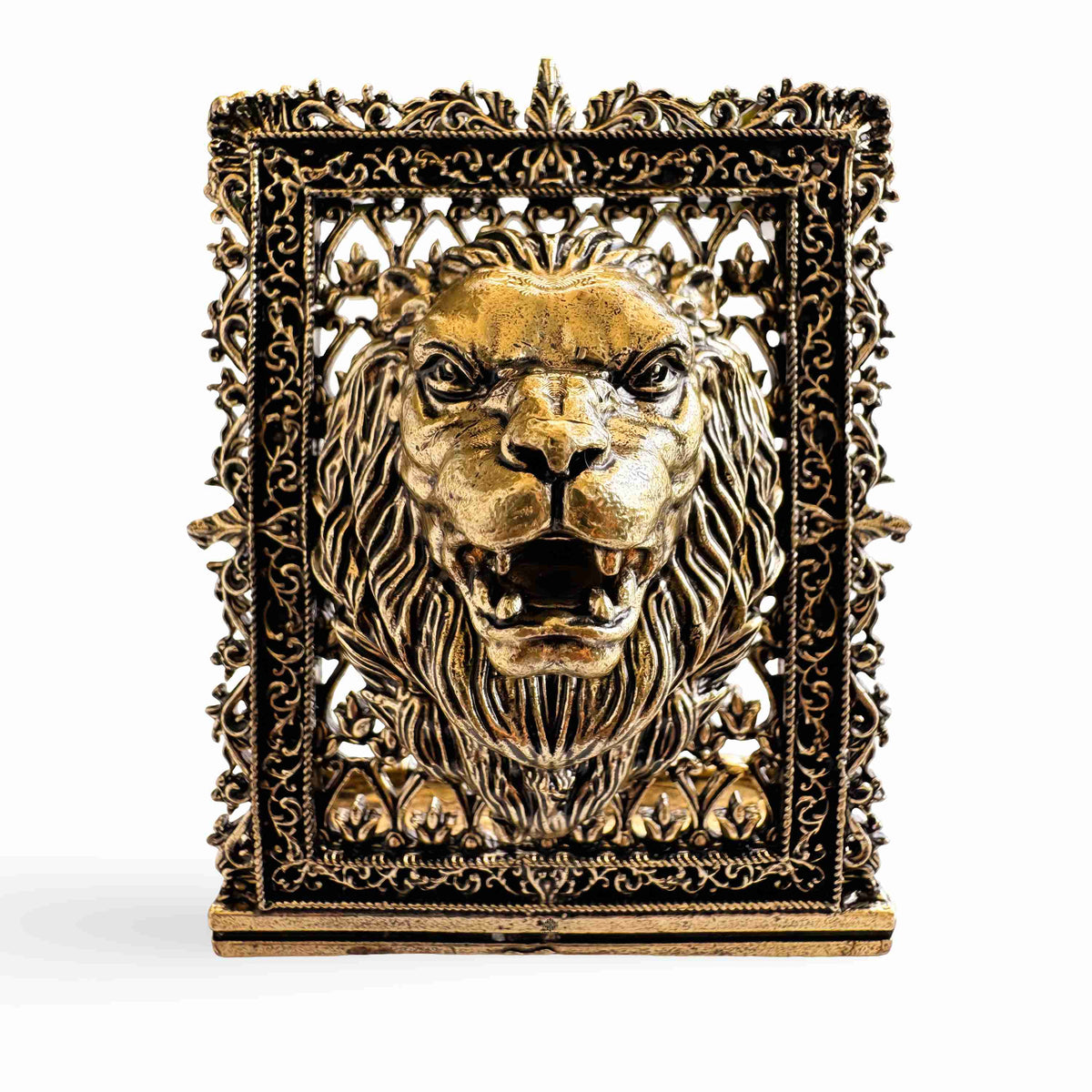 Pure Brass Miniature Lion Statue with Ornate Decorative Border - 7.11 cm