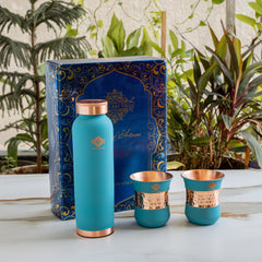 Pure Copper Drinkware Gift Set SKy Blue Color Bottle & Two Glasses