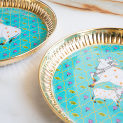 Brass Thali With Pichwai Kamdhenu Print Set Of 2
