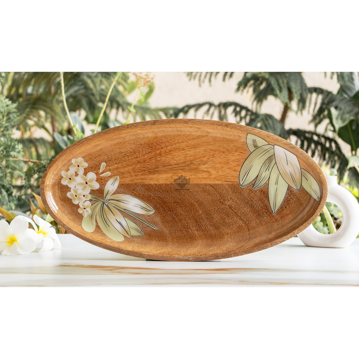 Wooden pluneria Flower Design Tray- Oval Shape