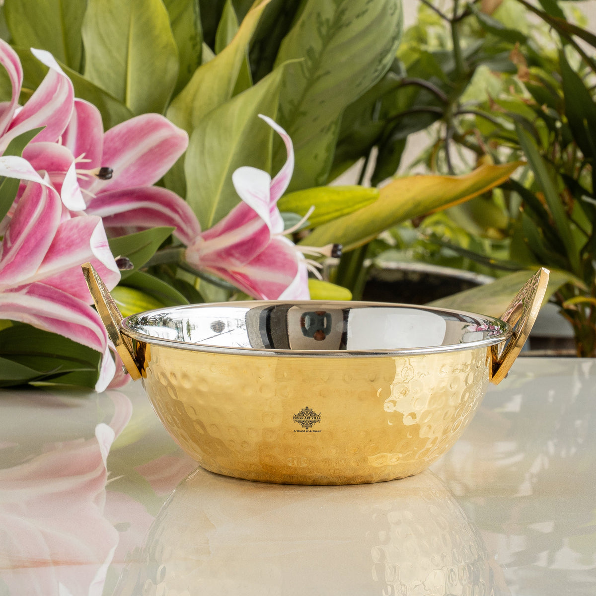 Brass Steel Kadai With Hammered Design- Tableware & Serveware