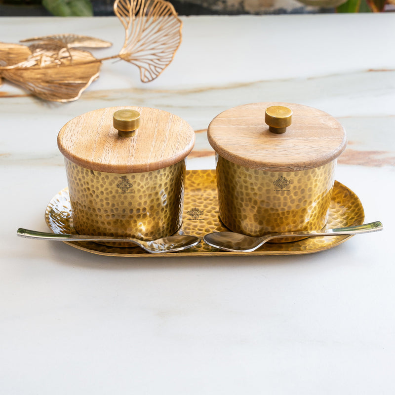 Hammered Aluminium Condiment Bowl Set with Wooden Lid & Steel Spoons