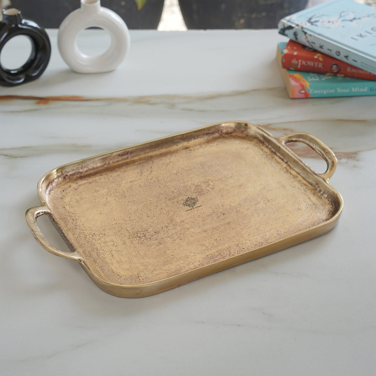Brass Finish Tray With Both Side Handle 14.5 Inches Length