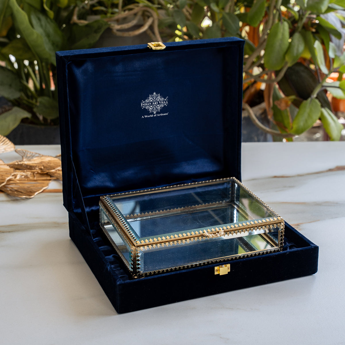 Brass & Glass Decorative Box with Embossed Shine Finish