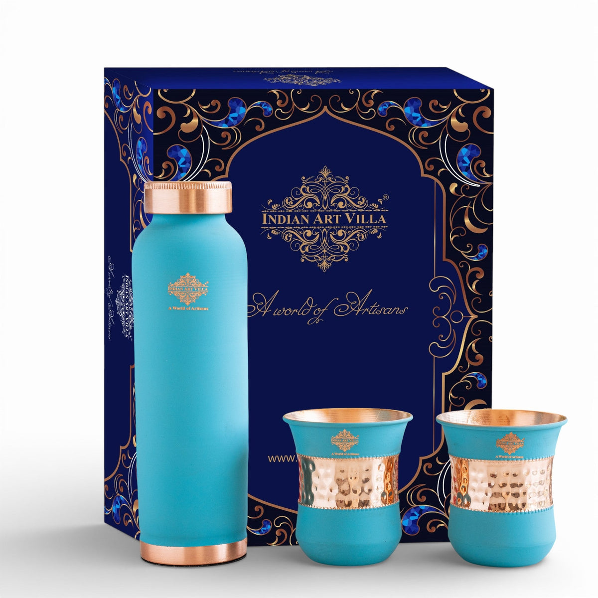 Pure Copper Drinkware Gift Set SKy Blue Color Bottle & Two Glasses
