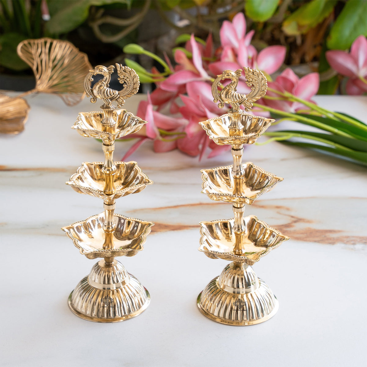 Brass Three-Tier Pillar Diya Set of 2 for Pooja & Home Décor