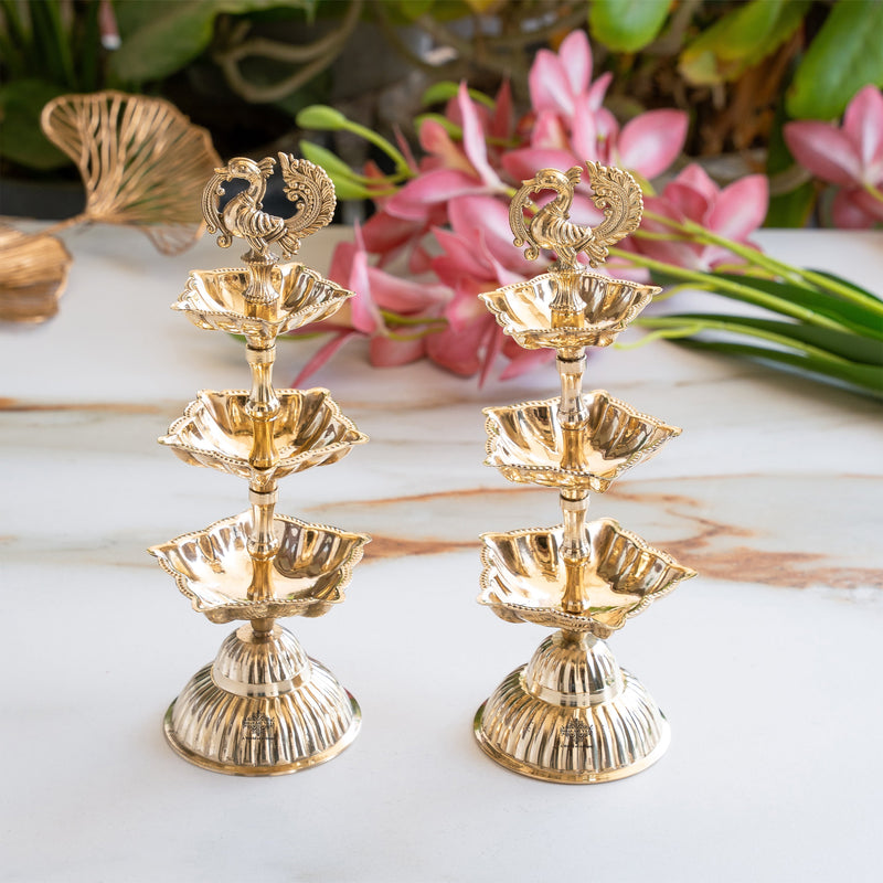 Brass Three-Tier Pillar Diya Set of 2 for Pooja & Home Décor