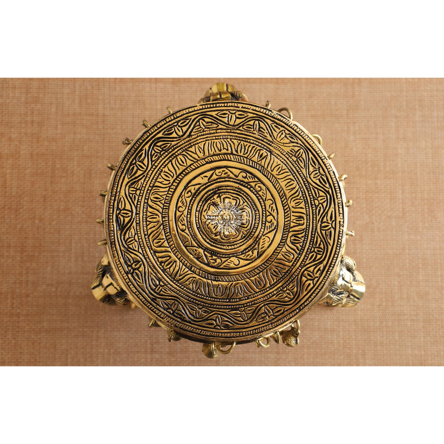 Brass Chowki with Antique Dark Deep Chakra Embossed Design, Decor Item For Home, Hotel & Restaurants, Size- 7.5x19.05 cm